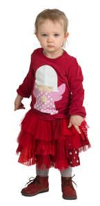 little girl in a red party dress standing