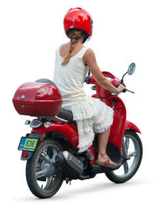 woman riding a red motor scooter