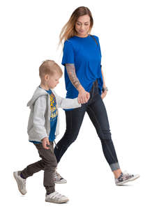 mother and son walking hand in hand