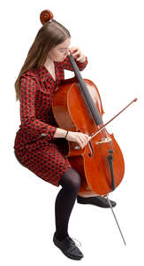young woman playing cello seen from above