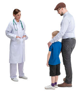 father and son talking to a doctor