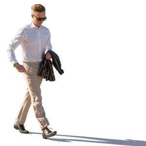 backlit man in a light suit walking