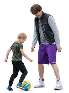 father and son playing football