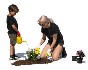 mother and son planting flowers