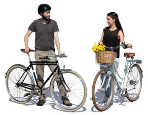 two people with bikes standing and talking