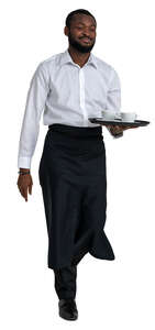 black waiter with long black apron walking