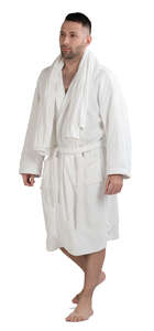 man in a white bathrobe walking