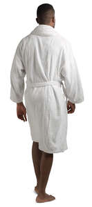 african man in a white bathrobe walking