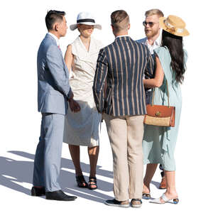 group of five people standing and talking on a fine summer day