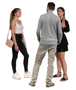 three people standing in group and talking