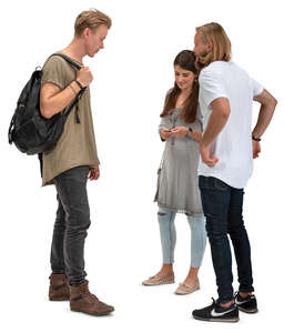group of three young adults standing and talking
