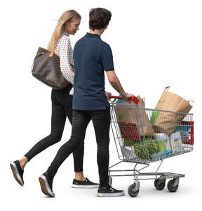 couple with a shopping cart walking