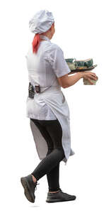 waitress with a tray full of dishes walking
