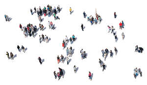 large group of people standing and walking seen from above