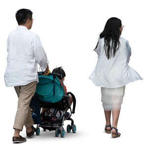 asian family of three walking on a summer day