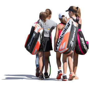 four girls with tennis bags coming from practice