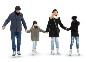 family with two kids skating hand in hand