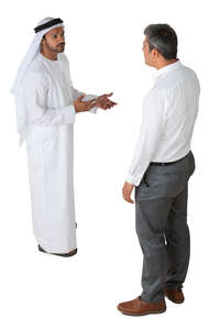 arab man talking to an european businessman seen from above