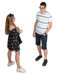 man and woman standing and talking seen from above