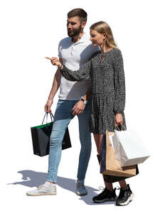 cut out man and woman with shopping bags standing and looking at smth