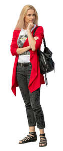 cut out woman in a red cardigan standing