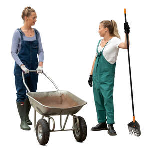 two cut out women working in a garden standing and talking