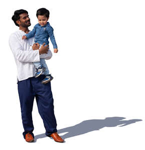 cut out indian man standing and holding his son in his arms