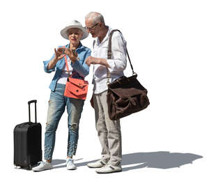 cut out elderly couple with suitcases standing and checking their phone