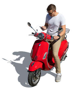 cut out man riding a red vespa scooter seen from above