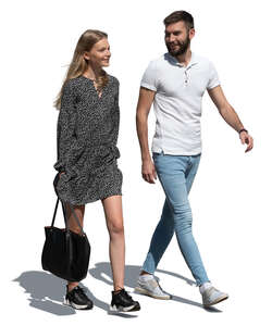 cut out smiling man and woman walking and talking
