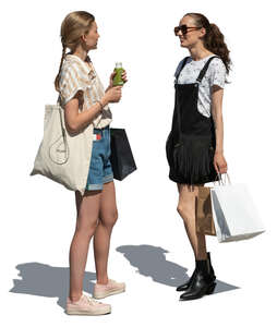 two cut out young women with shopping bags standing and talking