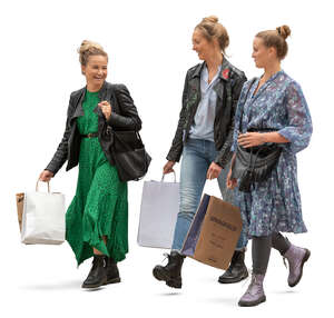 three cut out happy women with shopping bags walking