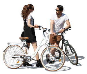 cut out man and woman with bicycles standing and talking