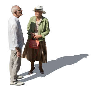cut out elderly man and woman standing and talking seen from above