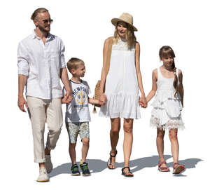 cut out family with two kids in white summer clothes walking hand in hand