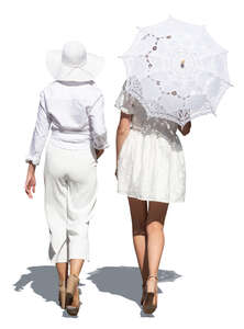 two cut out women in elegant white outfits walking
