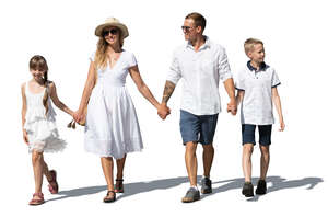 cut out happy family with two kids in white summer clothes walking hand in hand