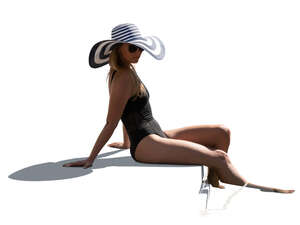 cut out woman with a big hat sitting on the edge of a pool