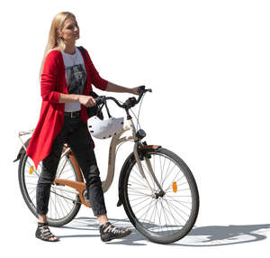 cut out woman walking while pushing a bike