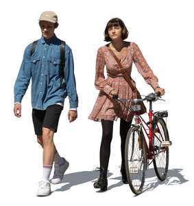 cut out young man and woman with a bicycle walking