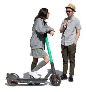 cut out woman with a scooter standing and talking to a friend