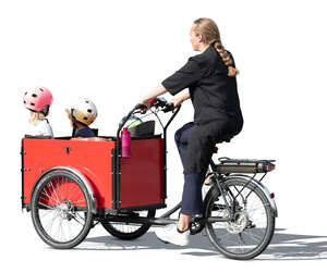 cut out mother and three kids riding a family cargo bike