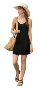 cut out woman in a black mini summer dress walking