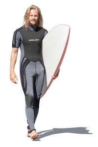 cut out man in a kalypso walking and carrying a surfboard