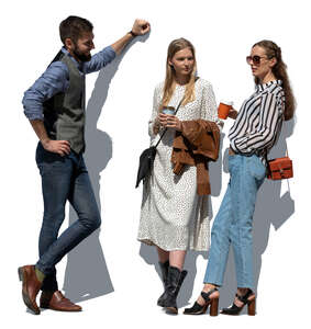 cut out man leaning against the wall and talking to two women