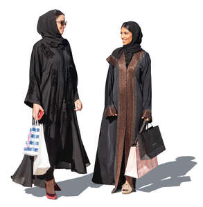 two cut out muslim woman with shopping bags standing anad talking