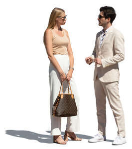 cut out man in a white suit standing and talking with a beautiful woman