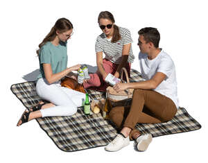 cut out group of three friends having a picnic seen from above