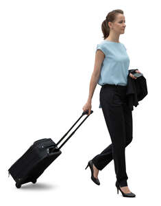 cut out young businesswoman with a suitcase walking on the street