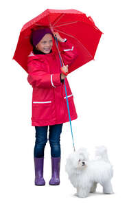 cut out little girl with a red umbrella and a small white dog standing and smiling